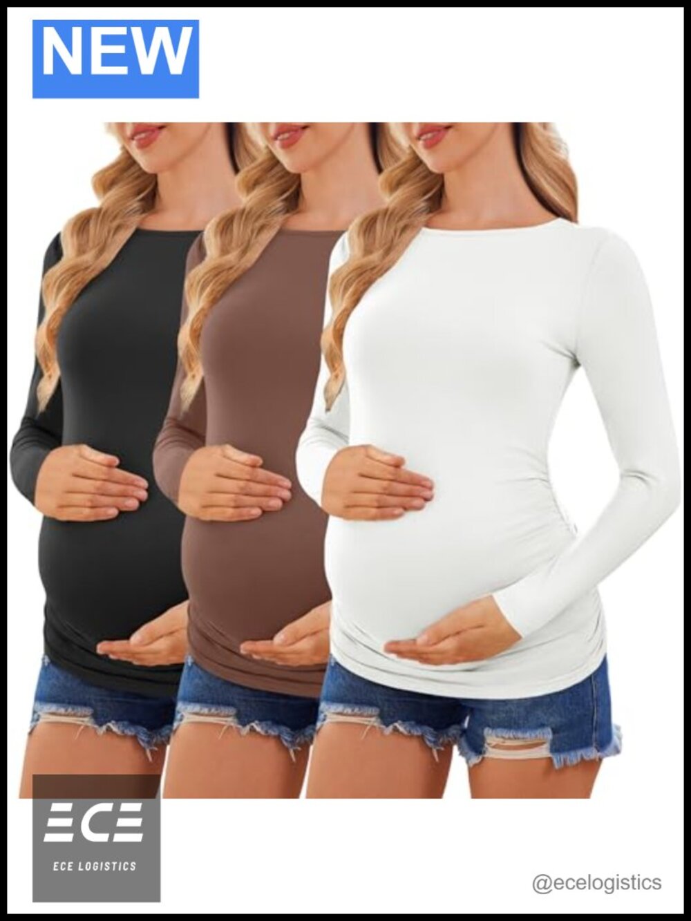 Maternity Long Sleeve Boat Neck Tunic Tees 3 Pack Pregnancy Tops
